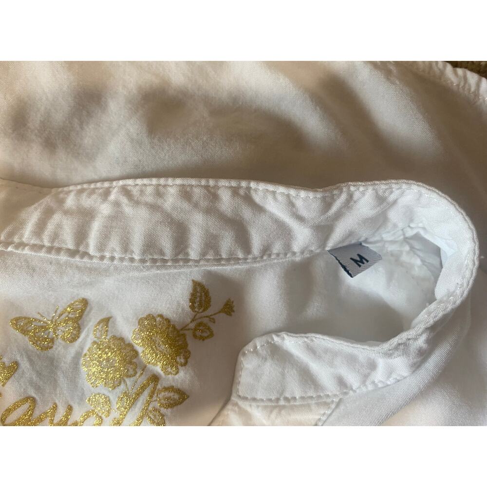 Desigual White Blue Floral Blouse Gold Accent Boho Top Women’s US Small EUR Med - Picture 6 of 9